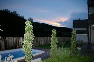 a garden with a fence and a swimming pool at ZeiTraum Ferienwohnung Rohrhardsberg in Elzach +5 photos