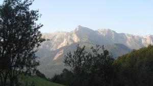 widok na pasmo górskie z drzewami na pierwszym planie w obiekcie Soca Valley Berghaus w mieście Kobarid