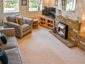 sala de estar con chimenea y TV en Chimney Springs en Ormesby Saint Michael