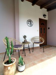 Zimmer mit 2 Stühlen, einem Tisch und einem Kaktus in der Unterkunft Villa Steki in Roumelí