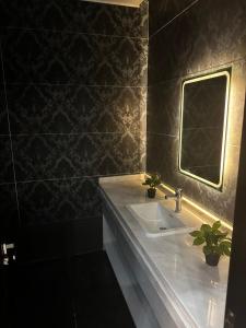 a bathroom with a sink and a mirror at Cozy Elite One Bedroom Apartment in Sheikh Zayed