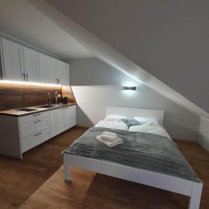 Biała sypialnia z łóżkiem i kuchnią w obiekcie Agroturystyka Koronkowe Zacisze w mieście Koniaków