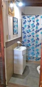 uma casa de banho com um lavatório e uma cortina de chuveiro em Doña Vicenta em Pilar