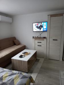 ein Wohnzimmer mit einem Sofa und einem Couchtisch in der Unterkunft MALA KUCA in Foča