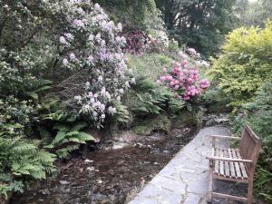 a wooden bench sitting next to a path with flowers at Mill Cottage in Tintagel +6 photos