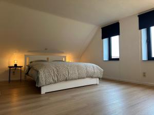 ein Schlafzimmer mit einem Bett und zwei Fenstern in der Unterkunft De Bovenbuur in Lummen