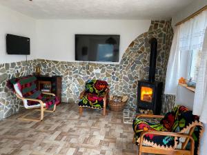 a living room with two chairs and a fireplace at Casa Teodora in Albac