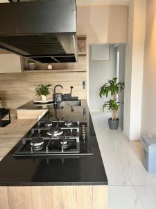 eine Küche mit einem schwarzen Kochfeld in der Unterkunft Appartamento Loc.Ponterosso in Pietrasanta