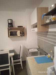 a small kitchen with a sink and a microwave at Apartment Fortica in Senj
