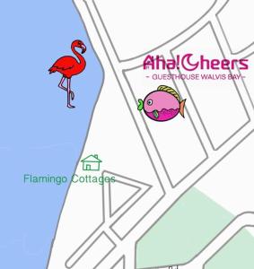 a map of aloha cities and a flamingo and a fish at Aha! Cheers Guesthouse 拾间-海 in Walvis Bay