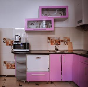 リヴィウにあるOpera Theatre Apartmentsのピンクのキャビネットとシンク付きのキッチンが備わります。