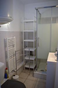 a bathroom with a shower and a glass door at Studio avec loggia - à 200m de la plage - Parking in Courseulles-sur-Mer