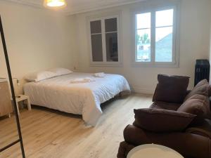 ein Schlafzimmer mit einem Bett und einer Couch darin in der Unterkunft Spacieux Duplex centre Tours et bord du Cher Loire Valley in Tours