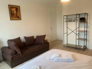 ein Wohnzimmer mit einer braunen Couch in einem Zimmer in der Unterkunft Spacieux Duplex centre Tours et bord du Cher Loire Valley in Tours