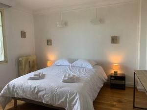 ein Schlafzimmer mit einem weißen Bett mit zwei Handtüchern darauf in der Unterkunft Spacieux Duplex centre Tours et bord du Cher Loire Valley in Tours