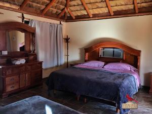 1 dormitorio con cama, tocador y espejo en Bungalows Cabo Pulmo en Cabo Pulmo