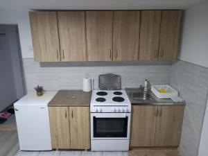 a small kitchen with a stove and a sink at MALA KUCA in Foča