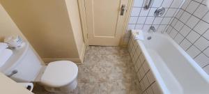 a bathroom with a toilet and a tub and a sink at Historic Dow Hotel in Lone Pine