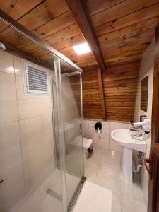 a bathroom with a shower and a toilet and a sink at Madağ Bungalov in Ardeşen