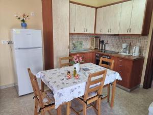 una cucina con tavolo, sedie e frigorifero di Castle in Oitylo a Oitylo