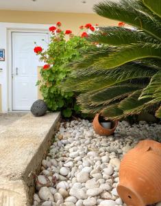 un jardín con rocas y plantas frente a una puerta en Aegean breeze apartment en Kárpatos