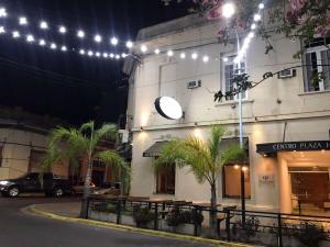 a building with palm trees in front of it at night at Centro Plaza Hotel in Concordia