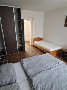 a bedroom with two beds and a closet at Apartmán Eliášova in Česká Lípa