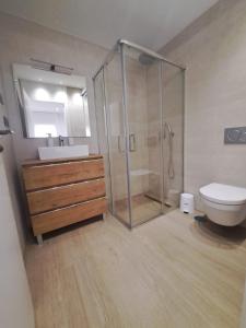 een badkamer met een douche, een wastafel en een toilet bij Luxury Apartment La Mata right by the sea in La Mata
