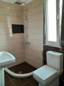 uma casa de banho com um chuveiro, um WC e um lavatório. em Villa 35 em Tirana