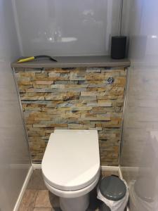 a bathroom with a white toilet and a stone wall at Ade's River Cabin in Lettermacaward