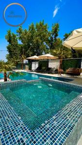 a swimming pool with blue water in a resort at Casa Palmera in Novi Sad