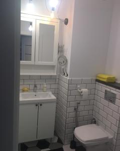 łazienka z białą umywalką i toaletą w obiekcie Wodniak w Ostródzie