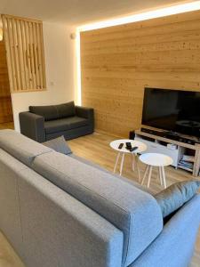 Il comprend un salon doté d'un canapé et d'une télévision à écran plat. dans l'établissement Samoëns Studio Cocooning centre, à Samoëns