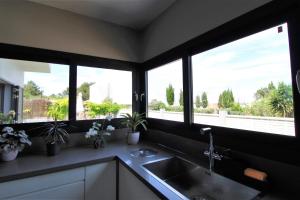 a kitchen with a sink and windows with plants at Ca Na Elena Ibiza in Sant Josep de Sa Talaia