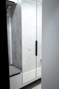 y baño con ducha y puerta de cristal. en Tatyana-Hotel en Kostanái