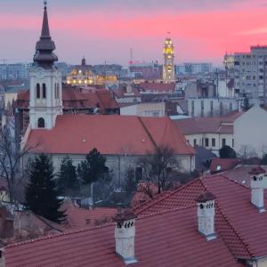 - une vue sur une ville avec des toits et une église dans l'établissement Over the City, à Oradea
