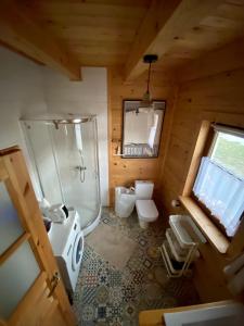 ein Badezimmer mit 2 WCs und einer Dusche in einer Kabine in der Unterkunft Niedźwiedziówka Bartne in Bartne