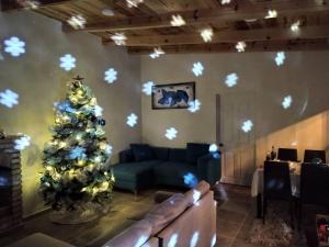 Cabaña en Mesa de las Tablas, de fácil acceso y con excelentes vistas في Mesa de las Tablas: شجرة عيد الميلاد في غرفة المعيشة مع الثلج