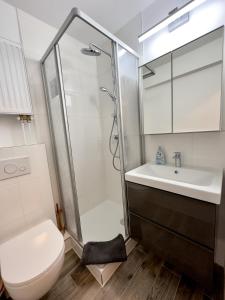 y baño con ducha, aseo y lavamanos. en Apartment für 3 Gäste mit kostenlosen Parkplätzen und Lift, en Hannover