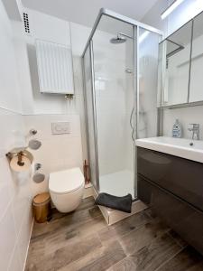 een badkamer met een douche, een toilet en een wastafel bij Apartment für 3 Gäste mit kostenlosen Parkplätzen und Lift in Hannover