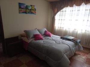 Un dormitorio con una cama con almohadas rosas y una ventana en Victoria brand 2, en Bogotá
