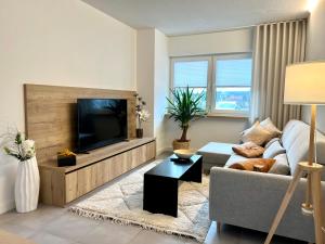 a living room with a couch and a flat screen tv at NEU 2023: Ferienwohnung THEO in Leinefelde