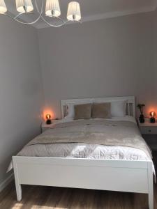 a bedroom with a white bed with two lights on it at Vytauto Septyni in Zarasai