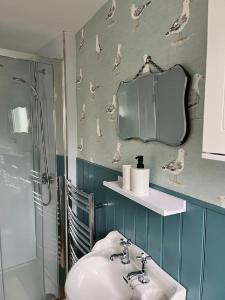 a bathroom with a sink and a shower and a mirror at Peedie Cott Self-Catering, Orkney in St Margaret's Hope