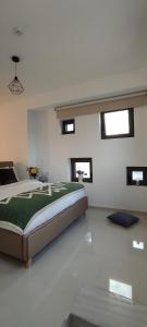 a bedroom with a bed and some windows at EZITH LUXURY APARTMENTS in Heraklio Town