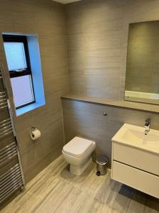 a bathroom with a toilet and a sink at Rockview Beadnell - Perfect Family Retreat in Beadnell