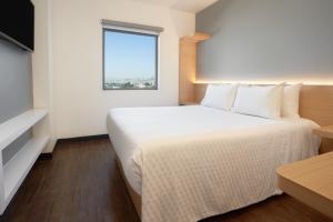 Habitación de hotel con cama grande y ventana en GAMMA Querétaro en Querétaro