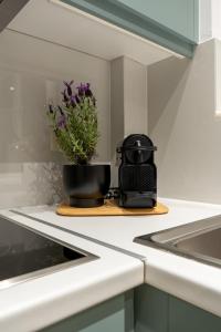 une plante sur une planche à découper sur un comptoir de cuisine dans l'établissement Ros Solis Luxure House, à La Canée