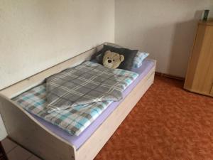 a teddy bear sitting on top of a bed at Ferienwohnung Irma in Malschwitz