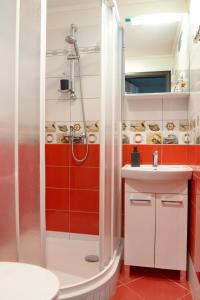 y baño con ducha y lavamanos. en Penzion Smile, en Brno